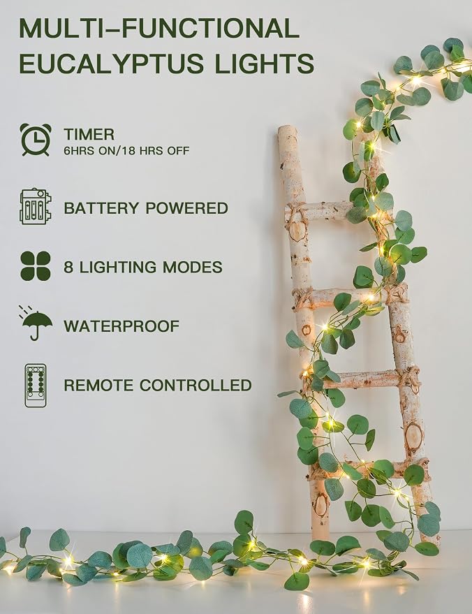 33FT Eucalyptus Garland String Lights Battery Operated Copper Wire | 100Led - Image 2