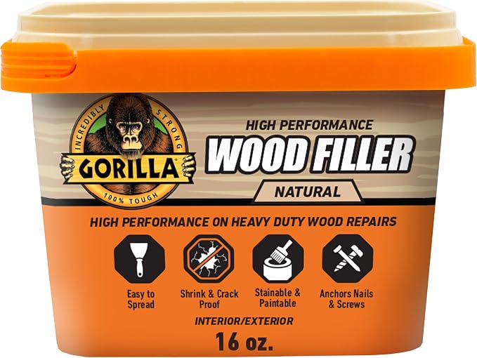 Gorilla All Purpose Wood Filler, Natural Finish, 16 oz Tub, Stainable & Sandable by Gorilla