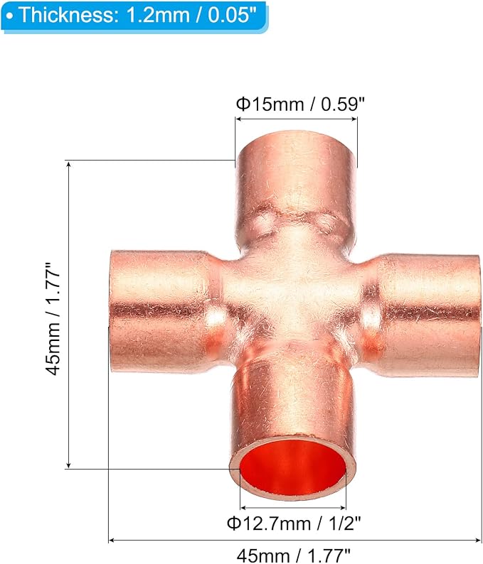 PATIKIL Copper Union Cross Pipe Fitting 1/2" ID 4 Way Welding Copper 2Pcs | End - Image 2