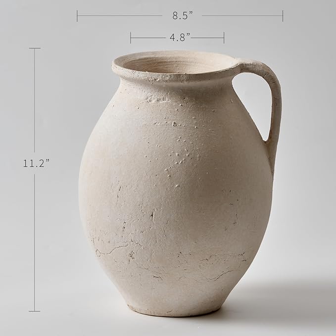 LB2 White Ceramic Large Vase, 11.2" Tall Zen Style Vase, Terra Cotta Pitcher - Image 2