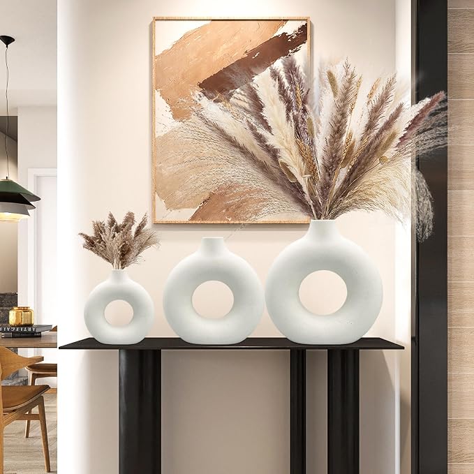 White Ceramic Vases Set 3 for Modern Home Decor, Round Matte Pampas Flower - Image 4