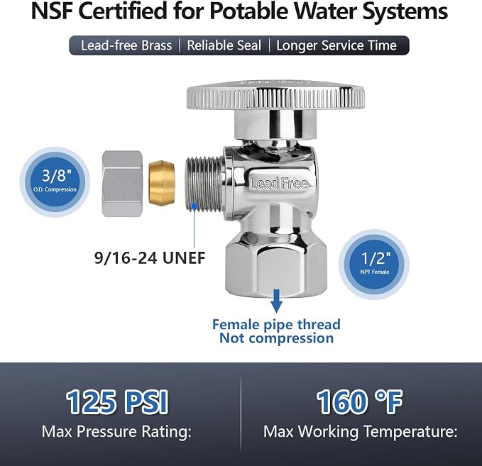 WiseWater Angle Stop Valve 1/2" FNPT x 3/8" OD Compression | Quarter Turn - Image 2