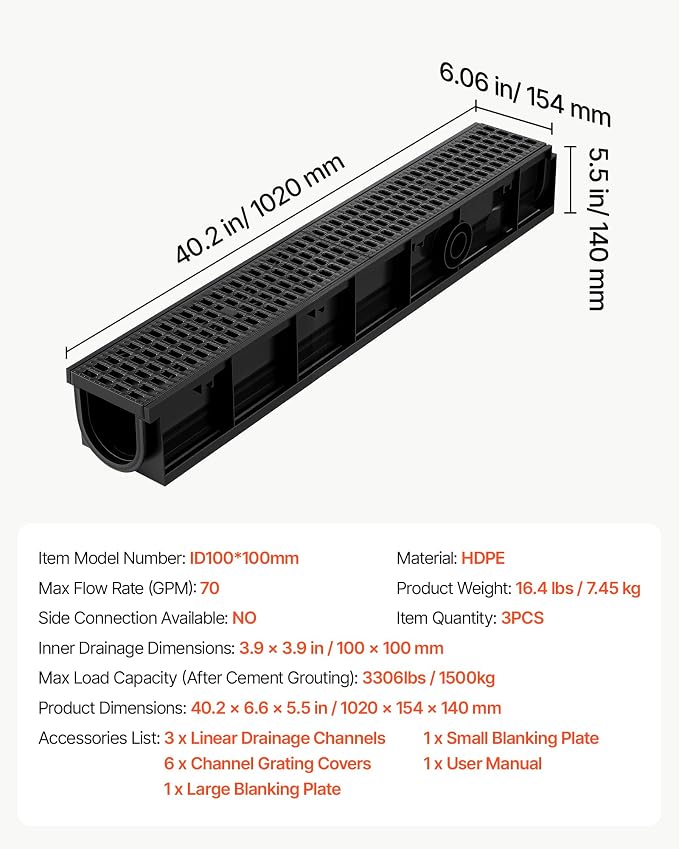 VEVOR Trench Drain, 40.2 x 6.06 x 5.5 in, 3 Pack Linear Drainage Channel - Image 7