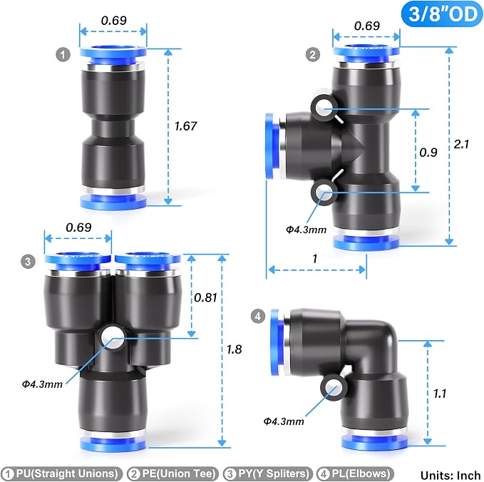 TAILONZ PNEUMATIC 3/8 Inch od Push to Connect Fittings Pneumatic Fittings Kit 2 - Image 2