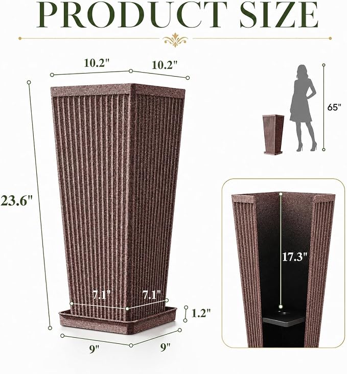 24" Tall Planters for Outdoor Plants Set of 2 Square Fluted, Tall Indoor Flower - Image 2