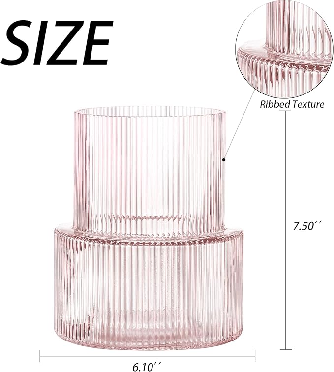 Pink Glass Vase, Ribbed Glass Vase - Image 2