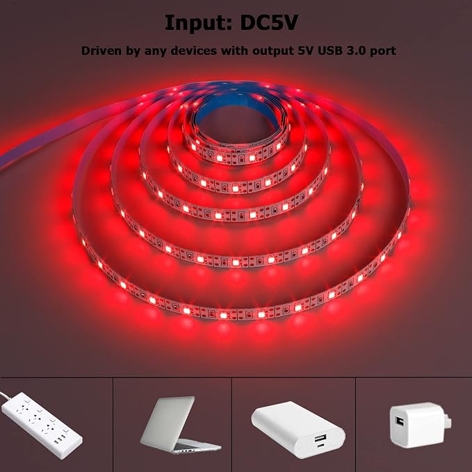 USB Red 620-625nm LED Strip 5V USB Powered 13.12ft/4M | 240LEDs Flexible - Image 2