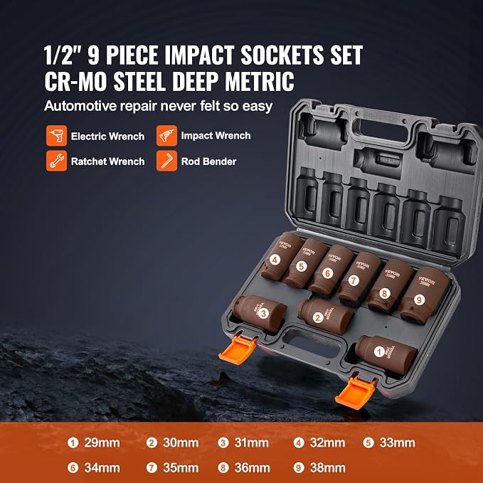VEVOR 1/2" Drive Impact Socket Set, 9 Piece Deep Socket Set Metric 29-38mm - Image 3