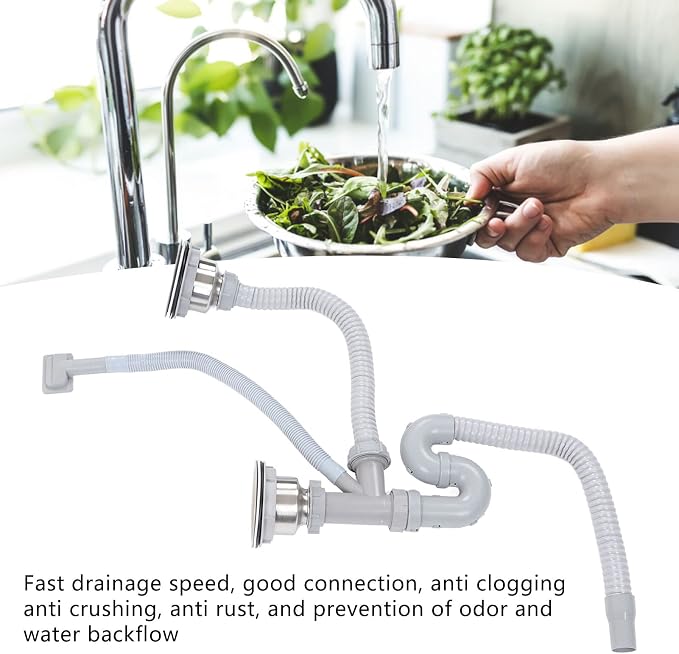 Kitchen Double Sink Drain Kit, 11cm Flexible Sink Drain Pipe Kitchen Sink - Image 4