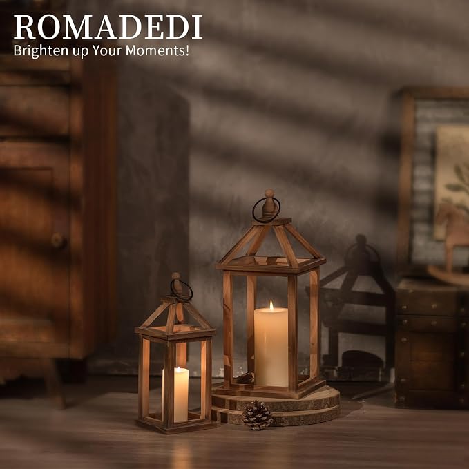 Romadedi Wood Candle Lantern Decorative, Rustic Decor Set of 2 | Farmhouse - Image 3