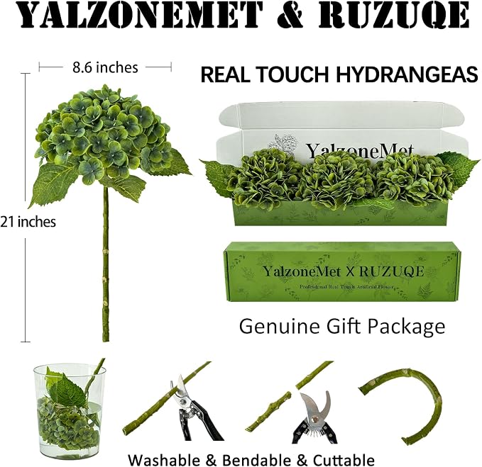 YalzoneMet 3 PCS Vintage Dark Green Hydrangea Artificial Flowers 21 inches Real - Image 5