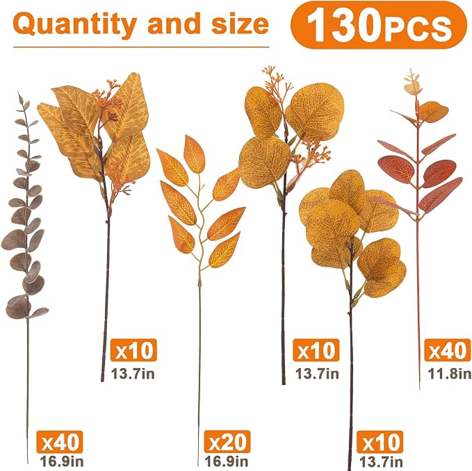 130 Pcs Fall Mixed Greenery Artificial Eucalyptus Stems Bulk, 6 Kinds of Fake - Image 3