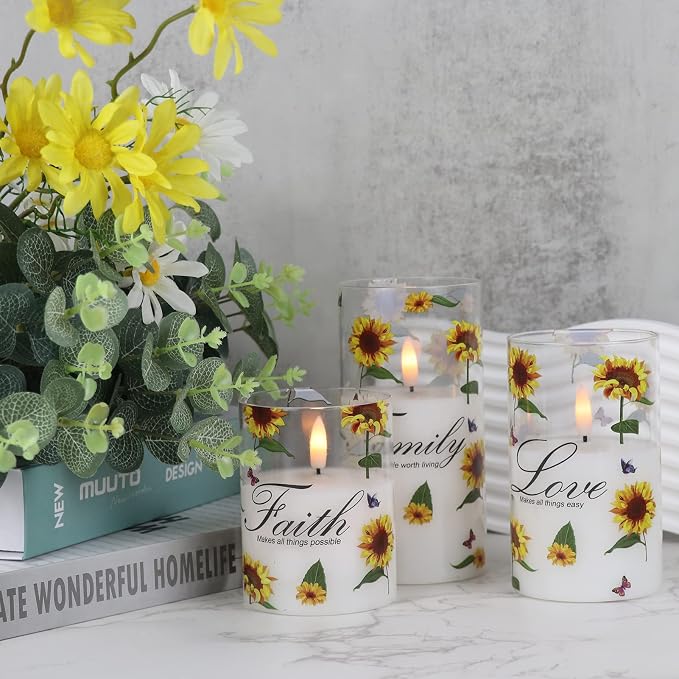 Sunflower Glass Flameless Candles Battery Operated Remote Timer | LED - Image 3