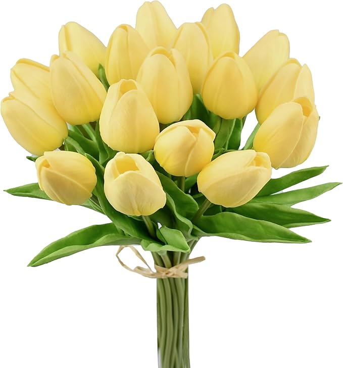 Mandy's 20pcs Artificial Light Yellow Tulips | 13.5 Inch Lifelike PU Tulips by Mandys