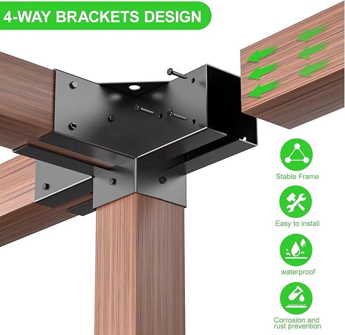 4-Way Pergola Brackets Kit for 4x4 Wood, 3.6 x 3.6 in, 2 Pack | Black-Coated - Image 5