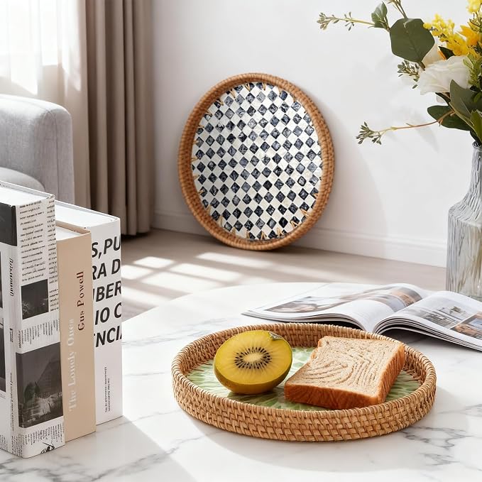 Round Rattan Tray with Mother of Pearl Inlay, Decorative Basket with Wooden Base - Image 5