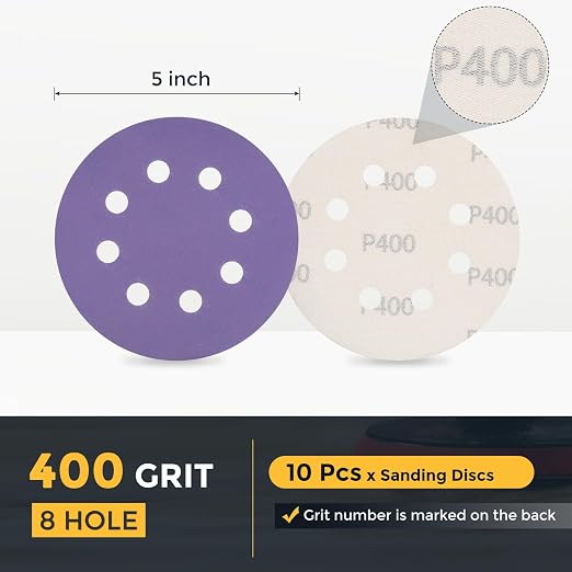 HARFINGTON 10Pcs 5Inch Sanding Disc 8 Hole 400Grit Purple Aluminum Oxide | Hook - Image 2
