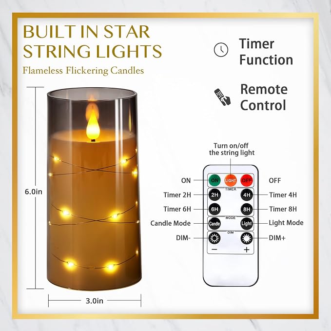 NURADA Flickering Flameless Candles: Built-in Star String Lights 3D Wick - Image 4