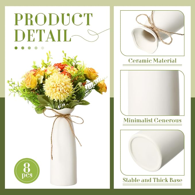 Qinyoung White Ceramic Bud Vase Set of 8, Modern Floral Decor - Image 3