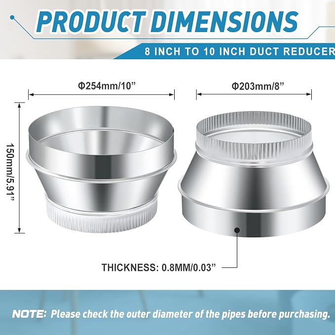 2 Pcs 10 Inch to 8 Inch Duct Reducer Increaser | Galvanized Steel Air Duct - Image 2