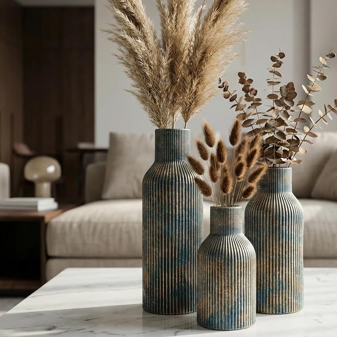 Vintage Blue Ceramic Flower Vases Set of 3, Modern Matte Vertical Ribbed - Image 3