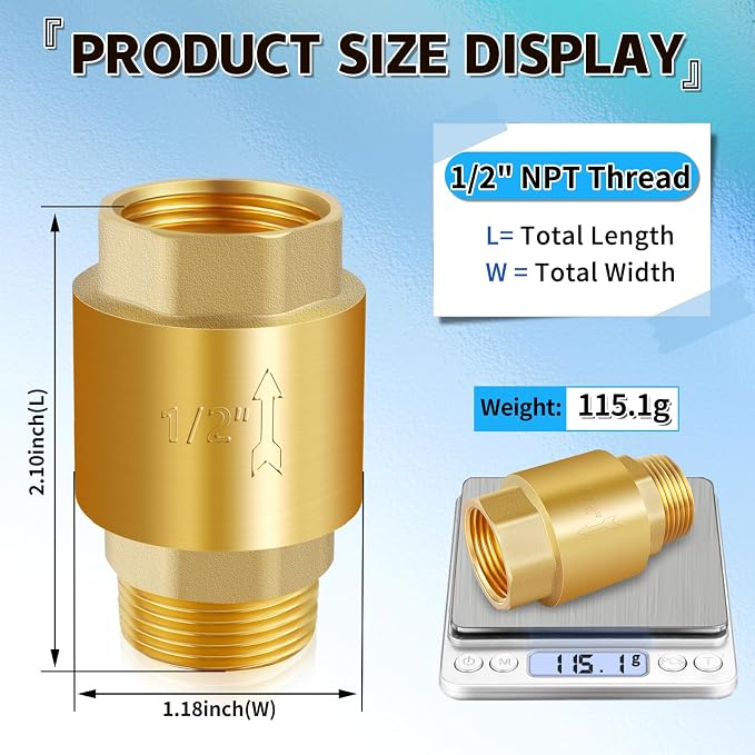 2Pcs 1/2in NPT Spring Check Valve, Brass Non Return One Way Check Valve - Image 3