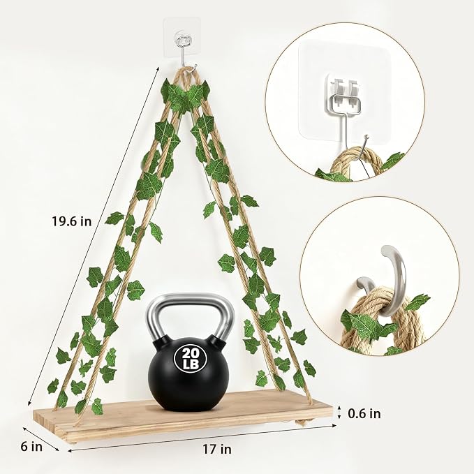 RICHER HOUSE Hanging Floating Shelves No Drill, Macrame Plant Wall Shelf | Boho - Image 2
