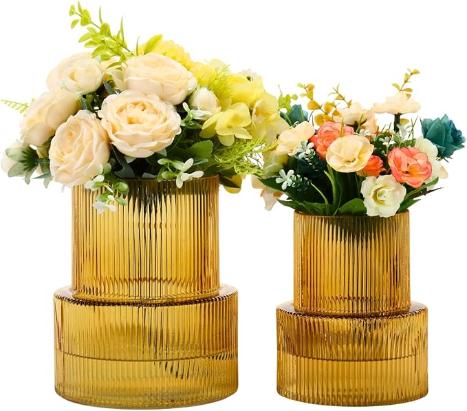 Ribbed Glass Vases for Bouquet, Amber Glass Vase for Tulips, Modern Vase for by YANWE