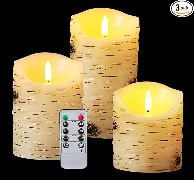 qinxiang Flameless Candles LED Candles Birch Bark Set of 3 Ivory Real Wax by qinxiang