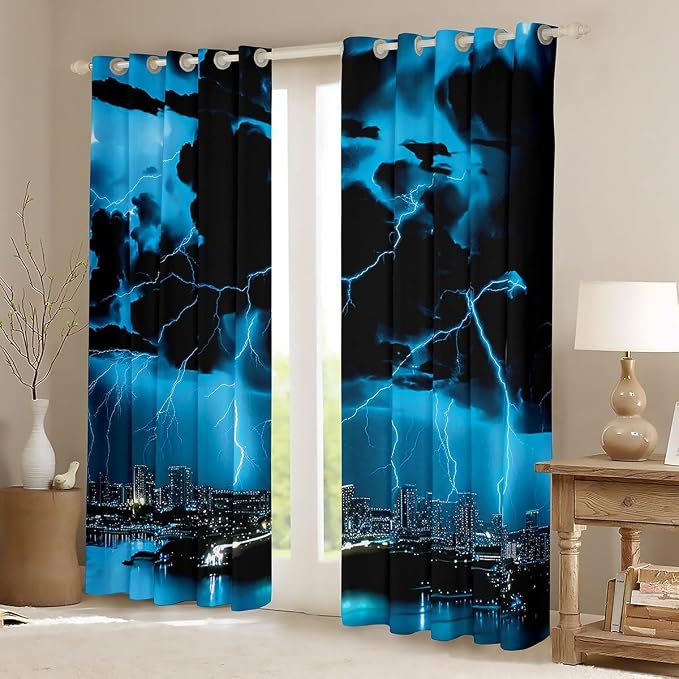 jejeloiu Blue Thunder Lightning Window Drapes Cool Flashing Lightning Blackout - Image 2