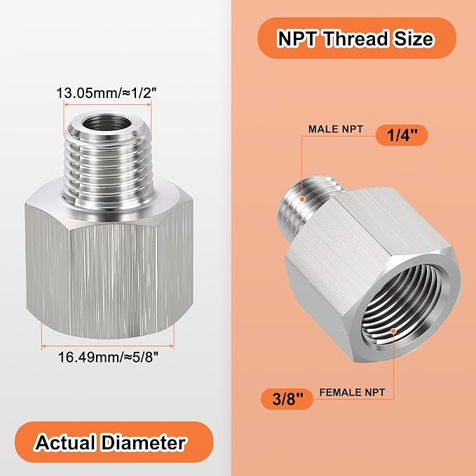 1 Pack 304 Stainless Steel FeMale to Male Adapter, 3/8" FeMale NPT x 1/4" Male - Image 2