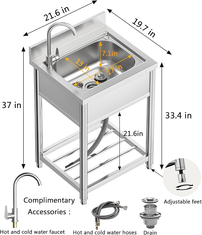 Free Standing Stainless-Steel Single Bowl Commercial Kitchen Sink w/Faucet - Image 5