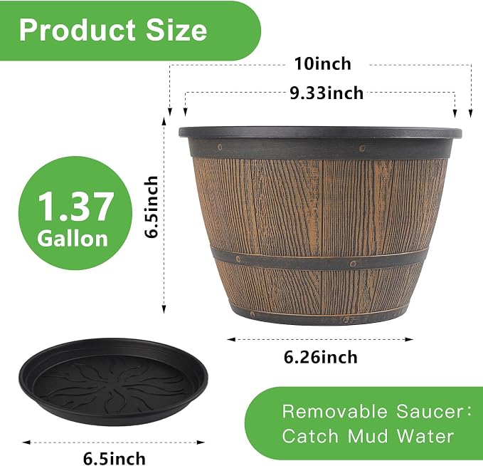 10-inch-Plant-Pots-Indoor-Outdoor, 4 Pack Whiskey Barrel Planters - Image 3
