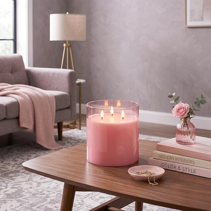 Homemory Pink Large Glass Flameless LED Candle, 3 Wicks, Remote Timer | 6"x6" - Image 8