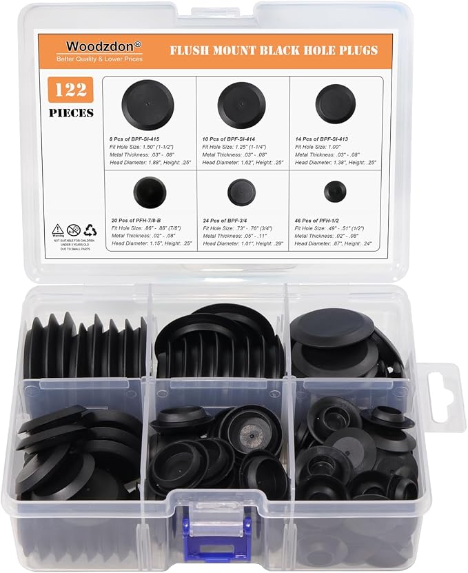 122pcs 6 Kinds Flush Mount Black Plastic Hole Plug Assortment by Woodzdon