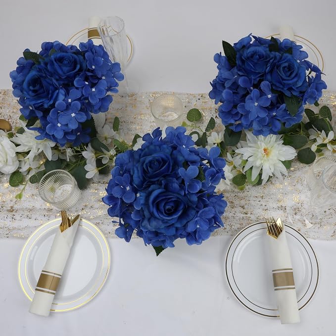 Royal Blue Flower Table Centerpieces, Rose & Hydrangea | Floral Arrangement - Image 6