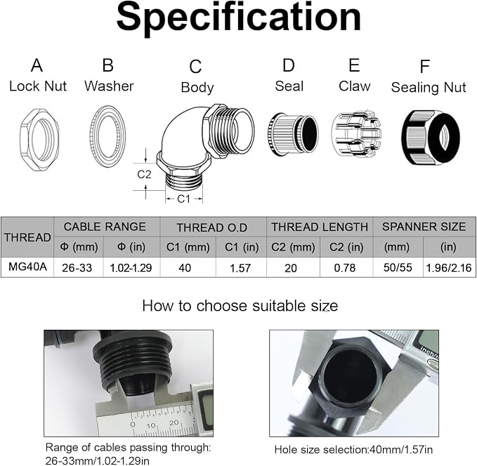 M40 Cable Gland, 90 Degree Adjustable 26-33mm Cable Range Strain Relief - Image 2