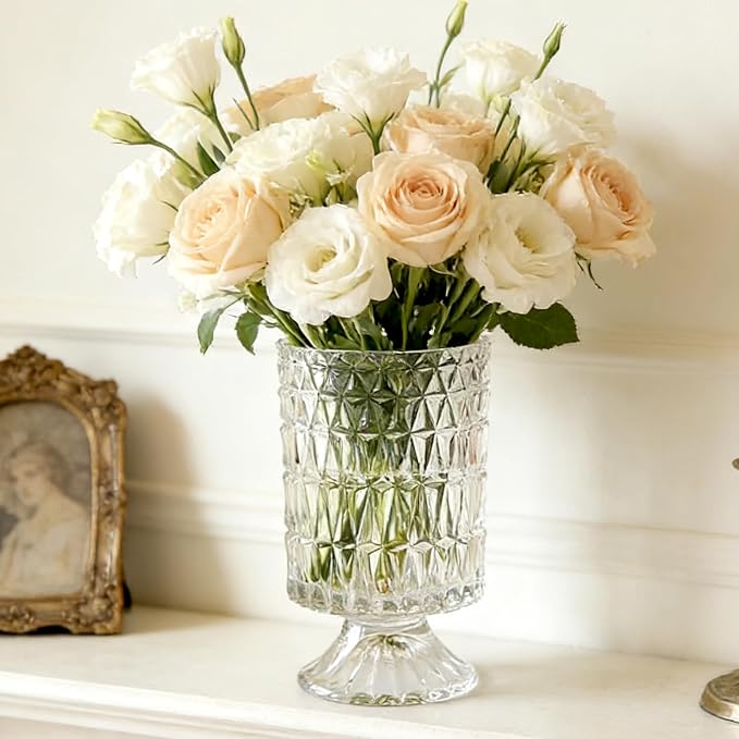 BLOFLO Embossed Glass Vase, Pedestal Big Base Glass Bouquet Vase, Hydroponic by BLOFLOSTU