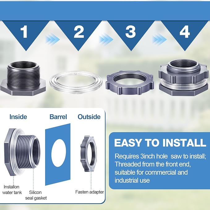 Outus 4 Pieces 1.5 Inch PVC Bulkhead Fitting, Rain Barrel Tank Adapter | - Image 4