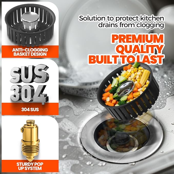 3 in 1 Kitchen Sink Drain Strainer Stopper Basket Pop Up Black - Image 3