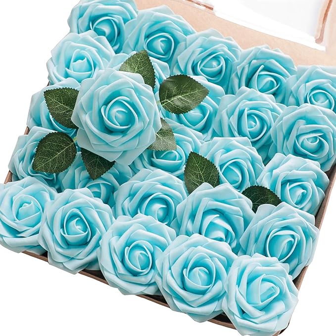 Artificial Flowers 25pcs Real Looking Aqua Blue Foam Fake Roses by Floroom