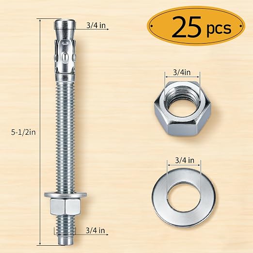 3/4" x 5-1/2" 25PCS Concrete Wedge Anchors, Heavy-Duty Cement Anchor Bolts - Image 2