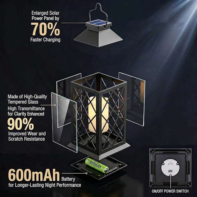2 Pack 14" Large Tempered Glass Solar Lanterns Outdoor Waterproof | Black retro - Image 4