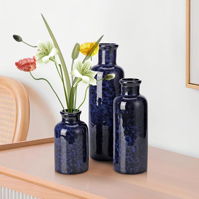Small Blue Ceramic Vase Set of 3, Boho Modern Flower Vase Room Decor, Farmhouse - Image 7