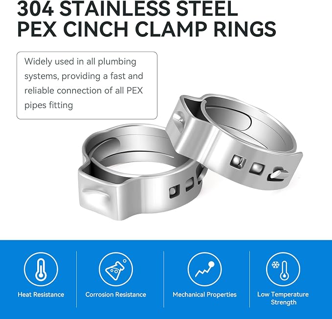3/4 Inch PEX Cinch Clamp Rings, 100 Pack Stainless Steel Crimp Ring | - Image 3