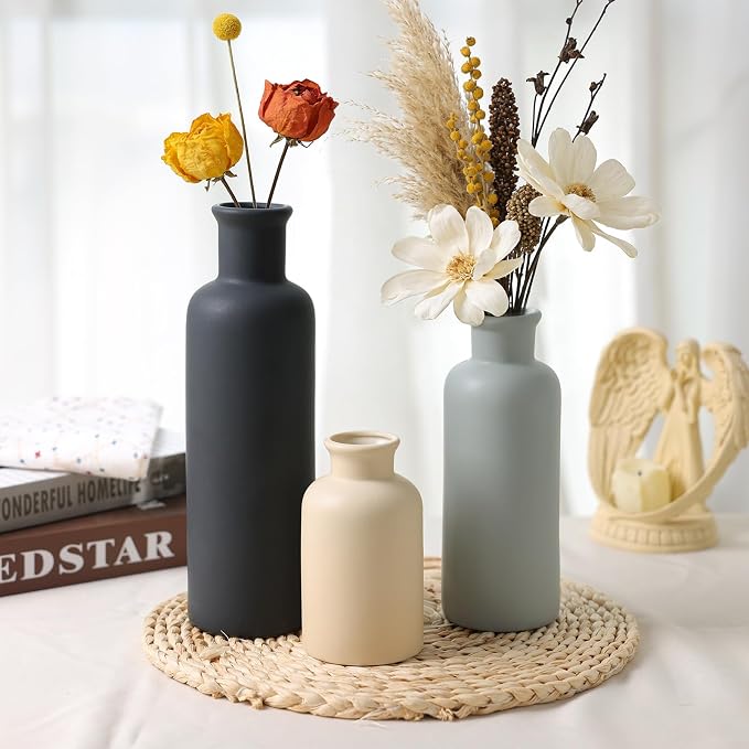 Ceramic Vase Set of 3, Neutral Rustic Vases - Image 4