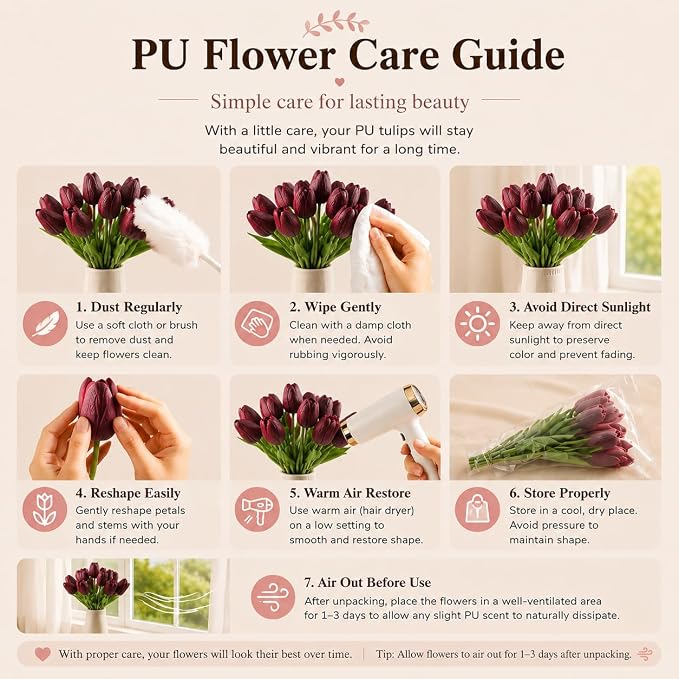 Mandy's 20pcs Artificial Burgundy Tulips | 13.5 Inch Lifelike PU Tulips Faux - Image 6