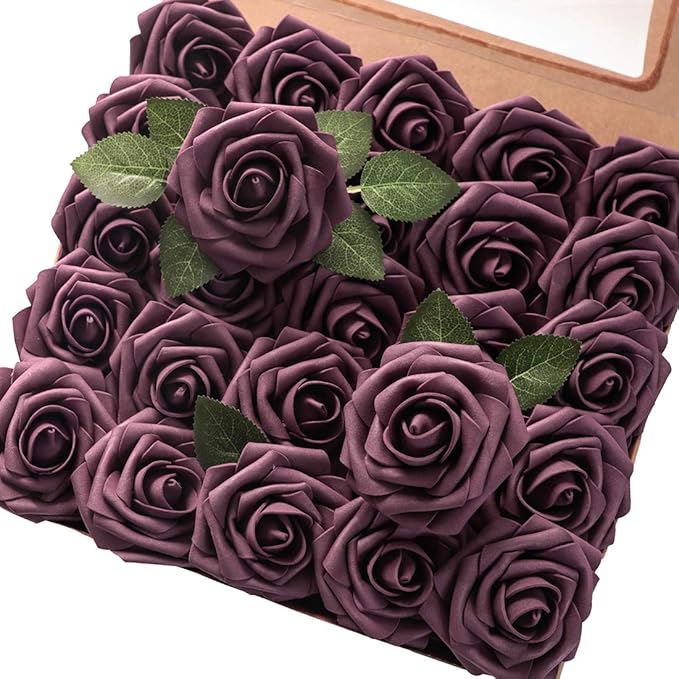 Artificial Flowers 25pcs Real Looking Plum Foam Fake Roses by Floroom