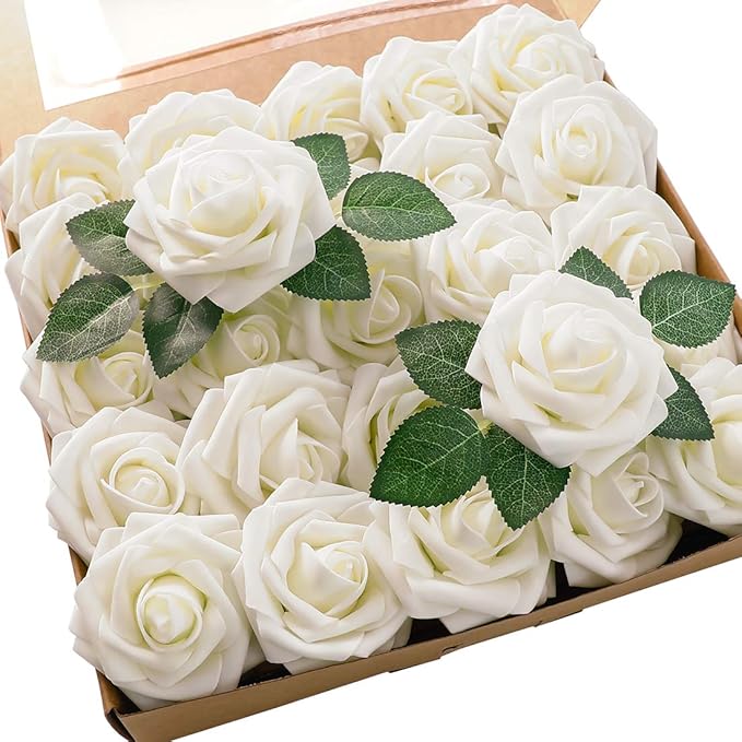 Artificial Flowers 50pcs Real Looking Ivory Foam Fake Roses by Floroom