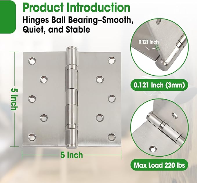 4 Pcs 5 Inch Heavy Duty Door Hinges 5x5 Stainless Steel Ball Bearing | Square - Image 2